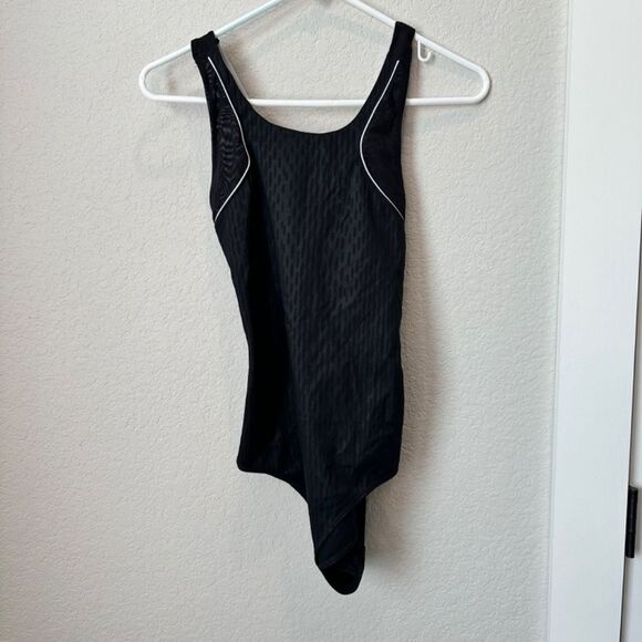 Ivy Park Black One Piece Swimsuit Bodysuit Mesh Cutouts Cross Back Size L EUC - Picture 2 of 9